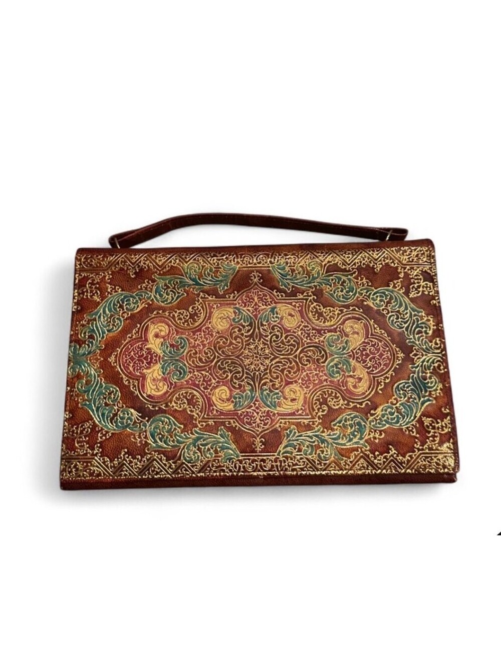 Mid-Century Gold Gilt Embossed Heritage Clutch Made In Florence Italy